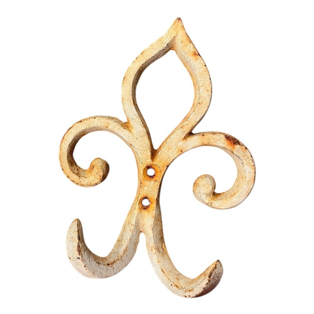 Vintage Iron Metal Wall Mount Coat Hanger  Garden Hook Fleur De Lis 7" Tall‎